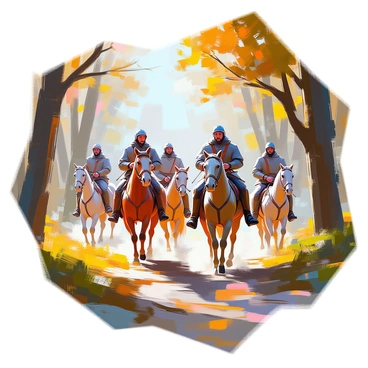 A group of medieval hunters riding on horseback is navigating through a dense, lush forest. The hunters, dressed in leather tunics and fur cloaks, are focused and alert, scanning the surroundings for signs of deer. Each horse is a sturdy animal, with varying colors, trotting carefully over the uneven forest floor. Sunlight filters through the thick canopy of leaves, creating dappled patterns on the ground. In the background, tall trees rise majestically, their branches intertwined, while patches of underbrush add to the wild atmosphere. The hunters hold bows and arrows, ready for the hunt.