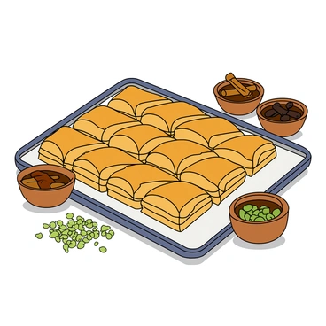 A beautifully arranged still life featuring a golden-brown tray of baklava, showcasing its flaky layers and honey glaze. The baklava is cut into diamond shapes, with a few pieces slightly askew to reveal their intricate layers. Surrounding the tray, there are small bowls filled with aromatic spices like cinnamon sticks and whole cloves, each bowl made of rustic earthenware. A sprinkle of crushed pistachios lies on the side, adding a bright green contrast. The background is soft and muted to draw attention to the rich textures and colors of the baklava and spices.