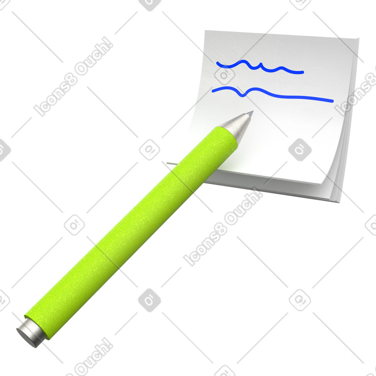 Illustration Stylo vert et notes autocollantes dans le style 3D Enterprise à télécharger aux formats PNG, SVG