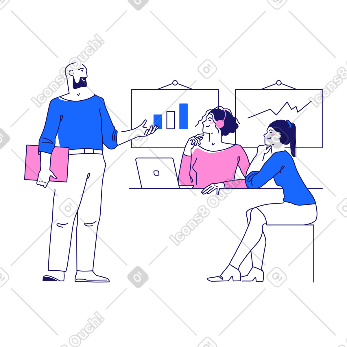 Un gruppo di persone in ufficio discute i grafici crescita del business illustrazione stile Matey scarica PNG, SVG
