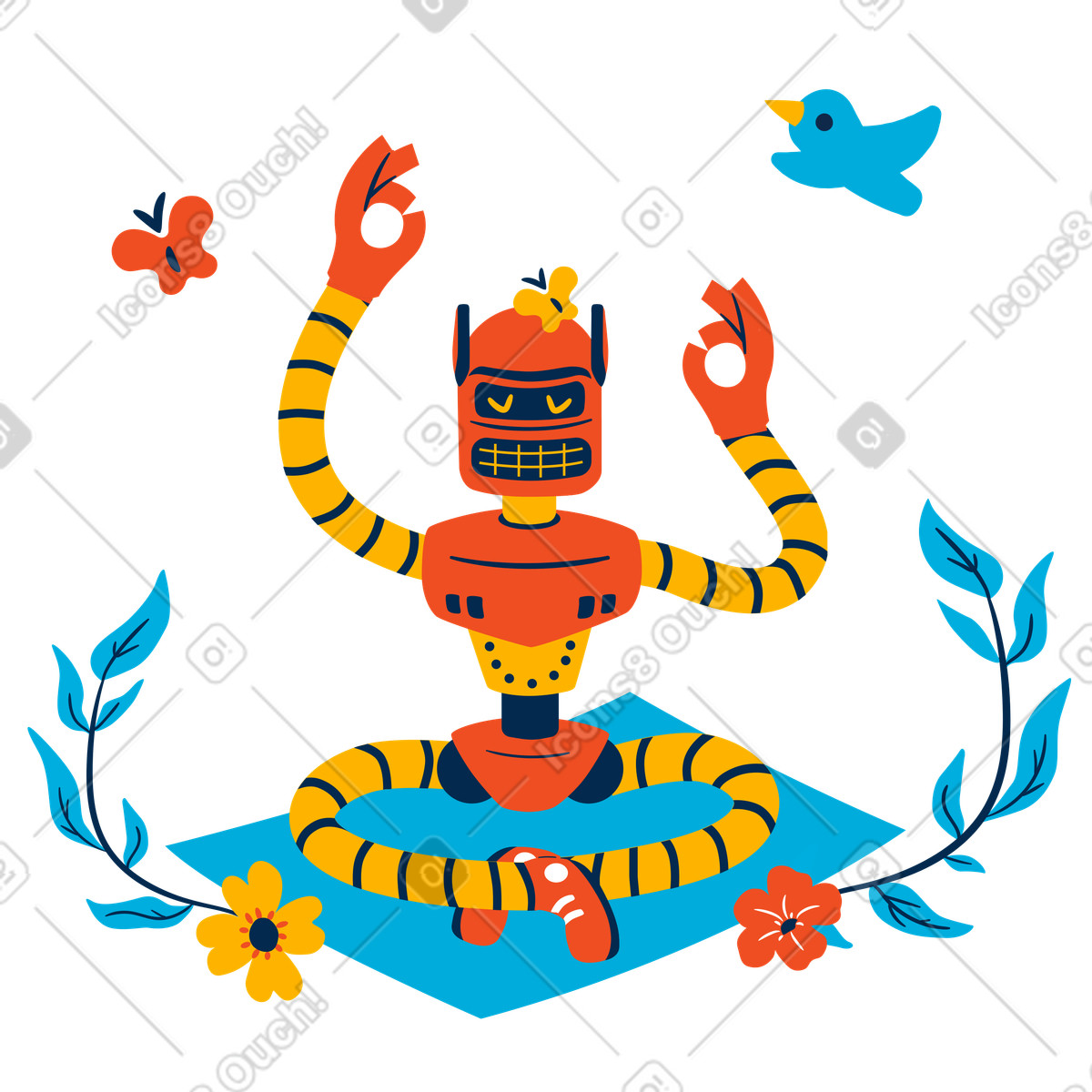Roboter meditiert auf einer yogamatte-Illustration im Flame-Stil als Download in PNG, SVG
