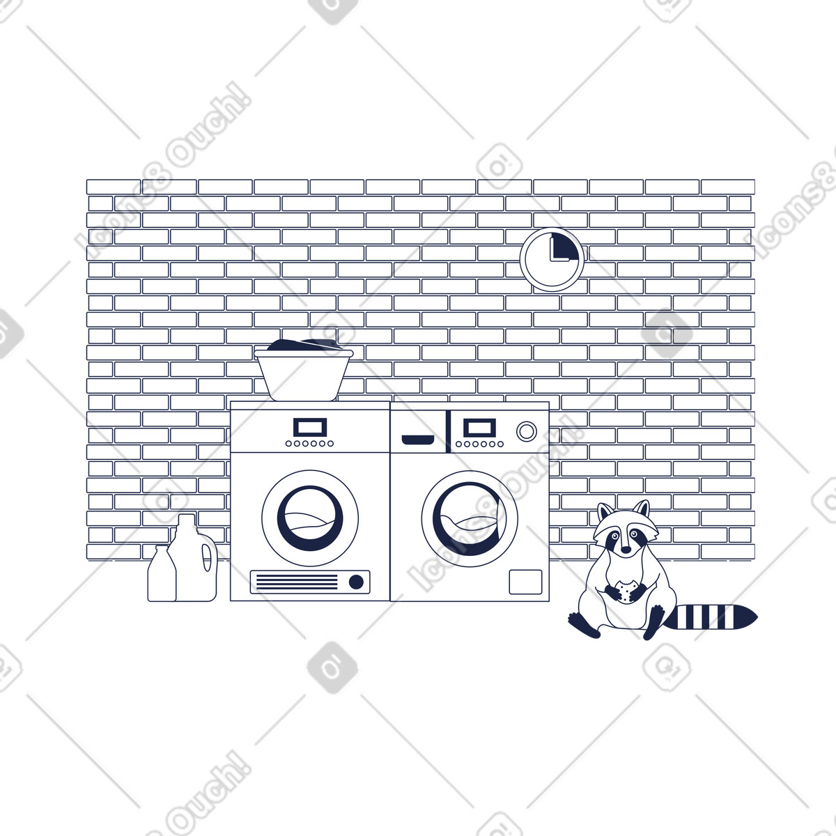 Laundry setup with basket and clock, Appliance maintenance or unavailable moment illustration in Urban Line style download in PNG, SVG