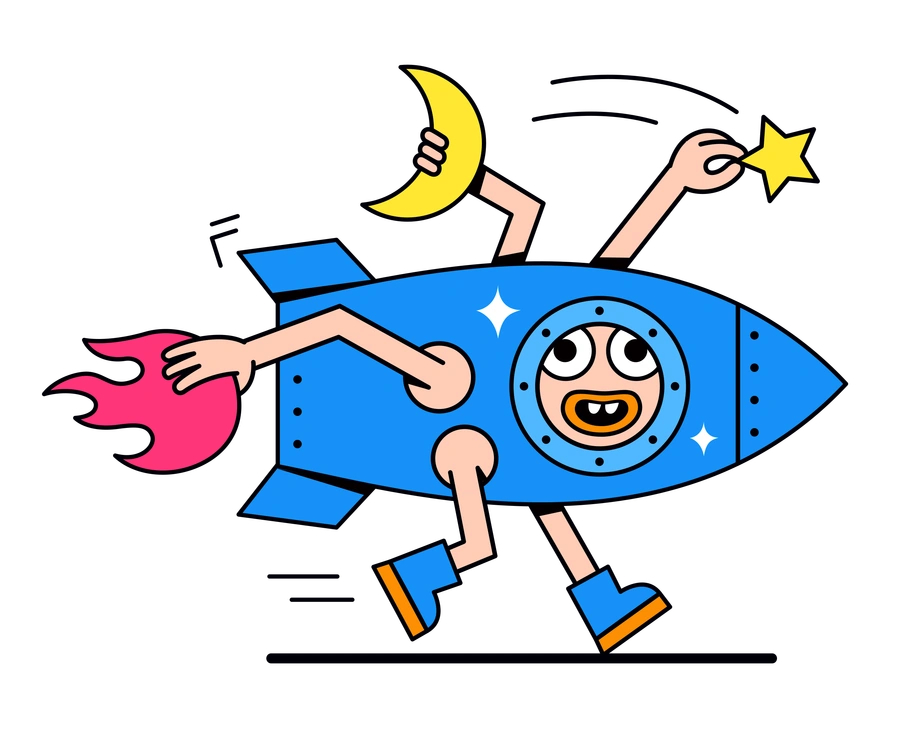 A rocket with arms holding a moon and star - Droll style illustration