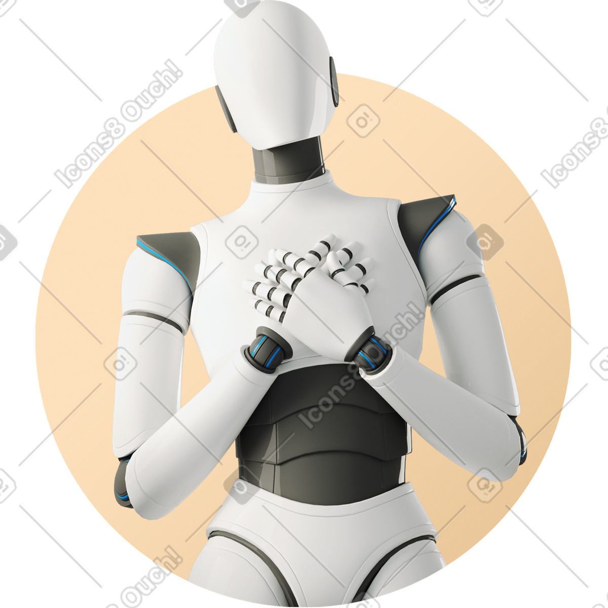 Robot holding hands on chest expressing gratitude and emotional connection illustrazione in stile 3D Business scarica in PNG, SVG