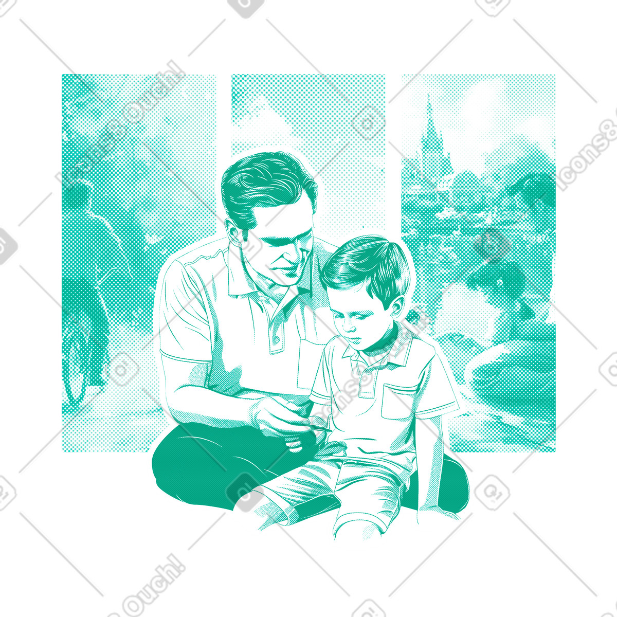 Ilustración Día del padre, vínculo entre padre e hijo. en estilo Halftone a descargar en PNG y SVG