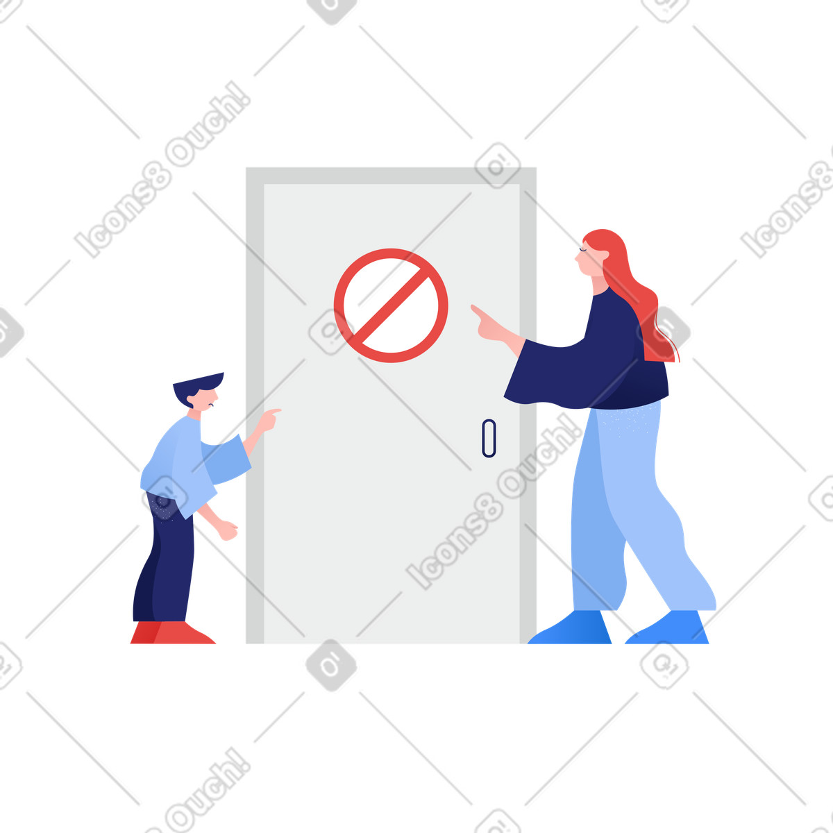 Illustration Femme interdisant au garçon d'entrer par la porte aux formats PNG et SVG