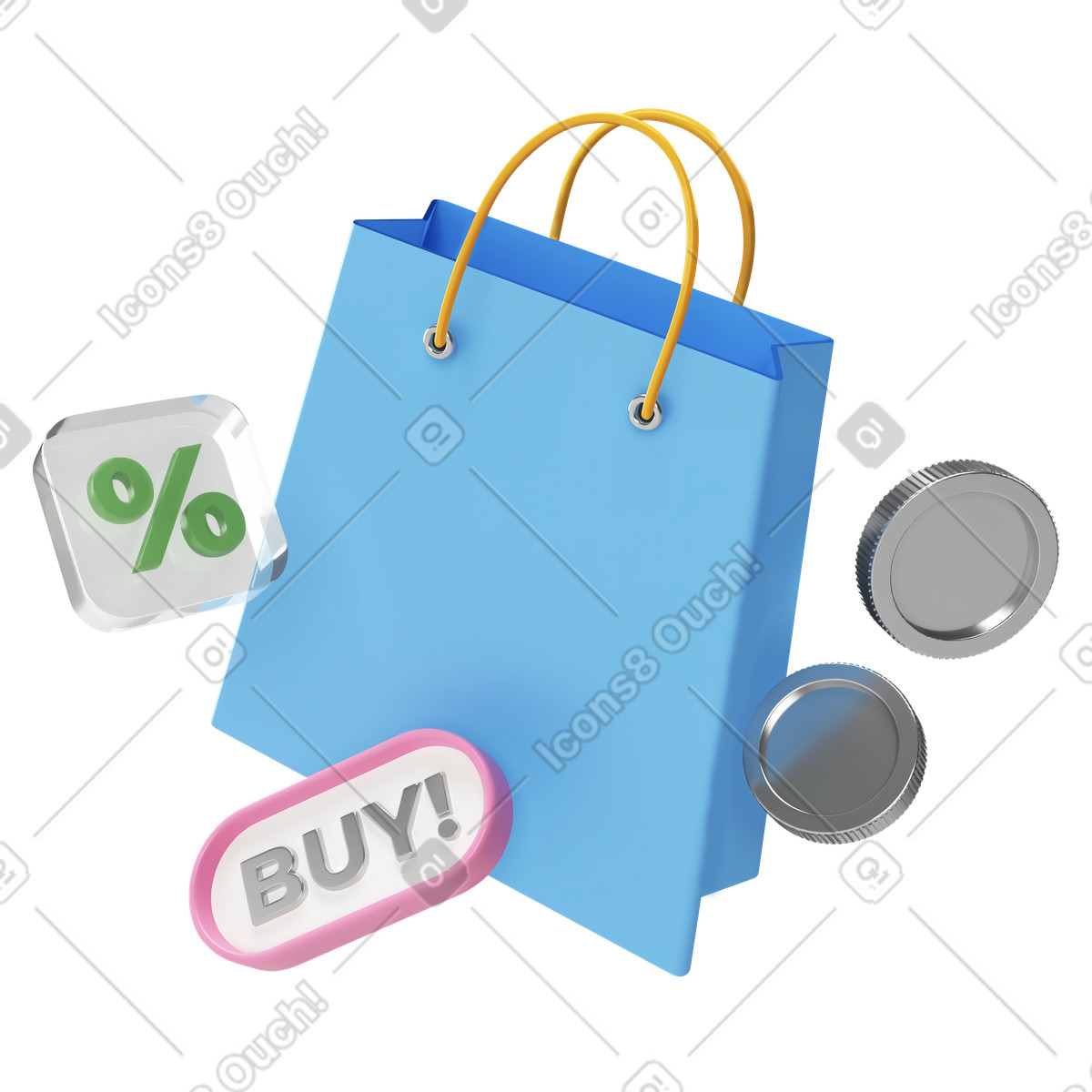 Illustration Sac de courses avec pièces et bouton d'achat dans le style 3D Corporate à télécharger aux formats PNG, SVG