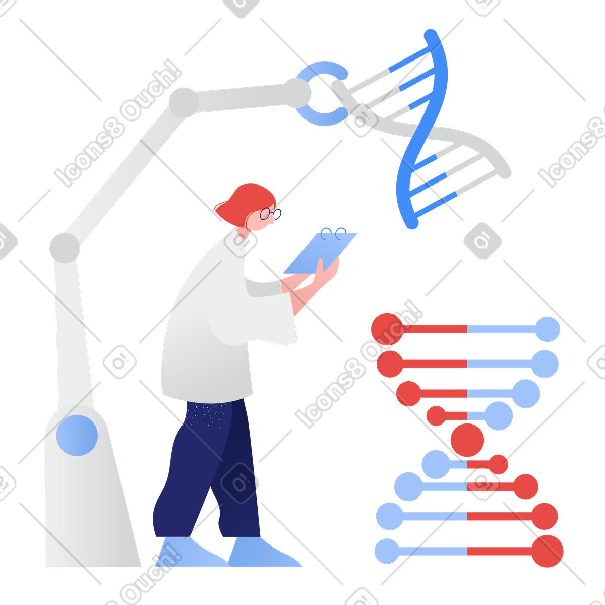 Illustration Un biologiste et une main robotisée étudient l'adn dans le style Clip à télécharger aux formats PNG, SVG