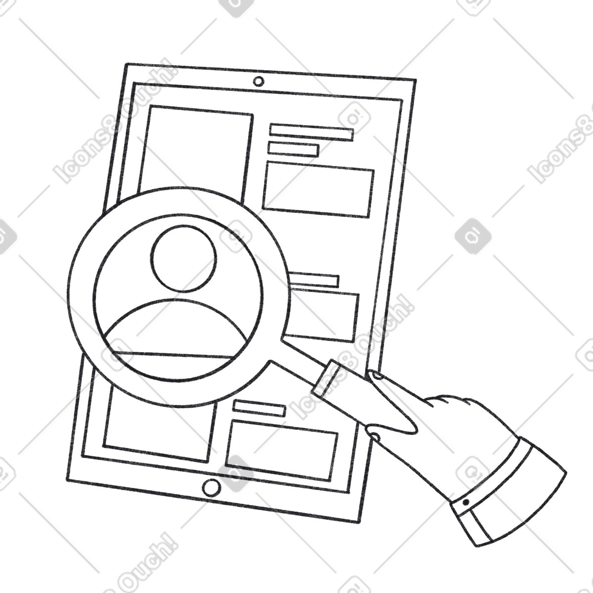 Ilustración La persona sostiene una lupa y busca el currículum de un empleado en ipad. estilo Bonbon Line a descargar PNG SVG