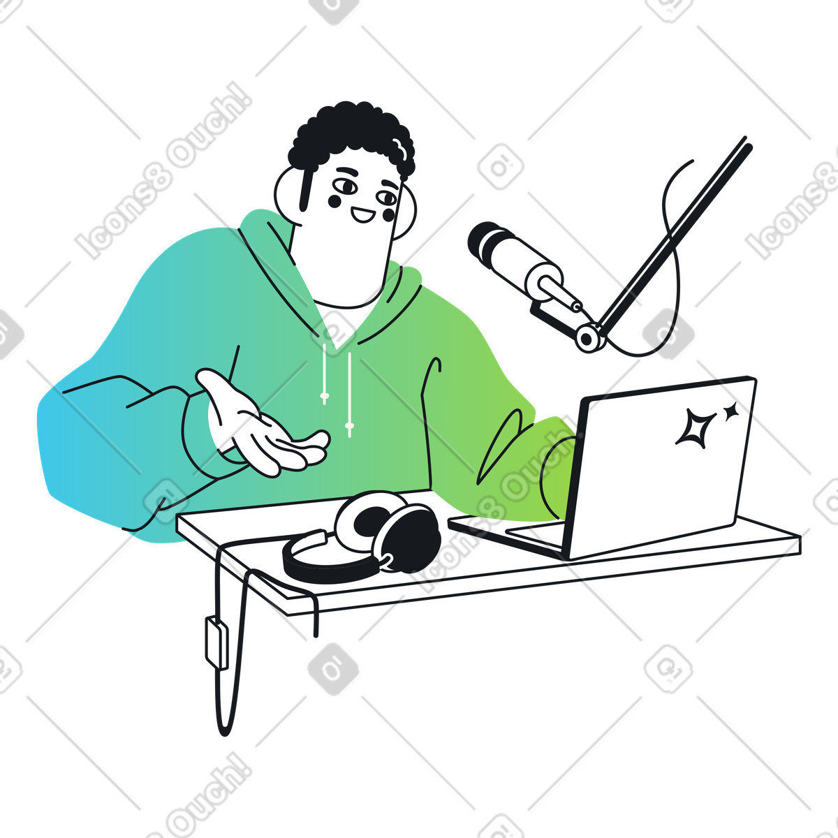 Podcaster speaking into microphone, Audio content creation and podcasting illustration in Breeze style download in PNG, SVG