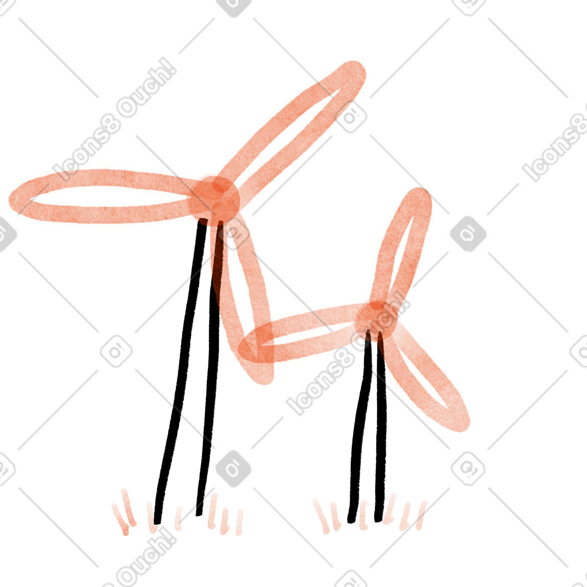 Wind turbines with spinning blades, green energy and electricity generation illustration in Hand-drawn animation style download in PNG, SVG