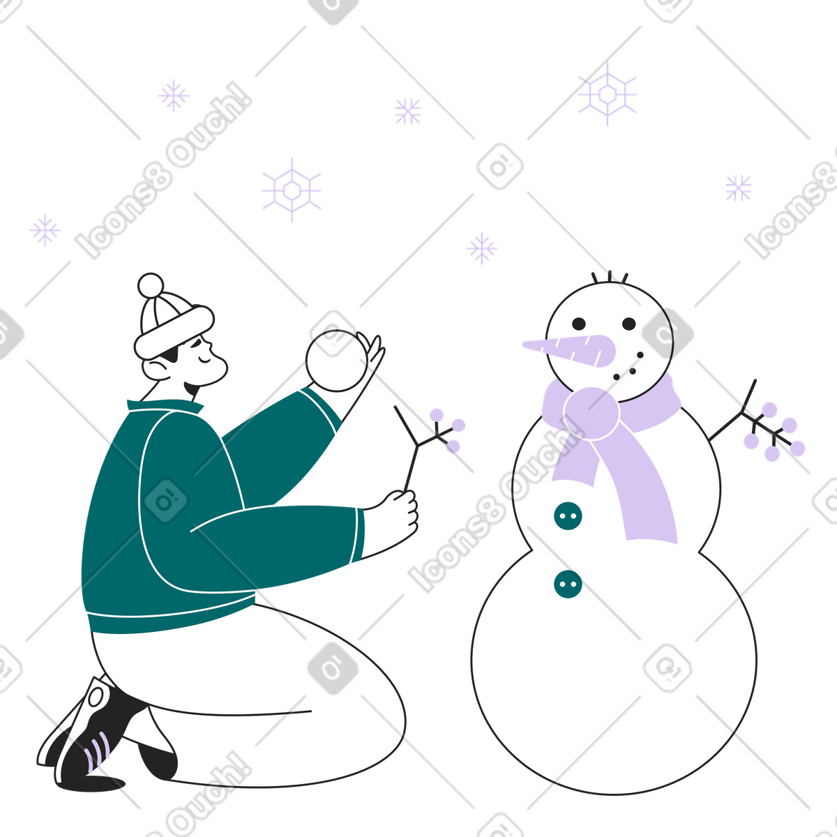 Иллюстрация Crafting snowman in snowfall, Seasonal leisure or outdoor recreation в стиле Sammy Line — скачать в форматах PNG, SVG