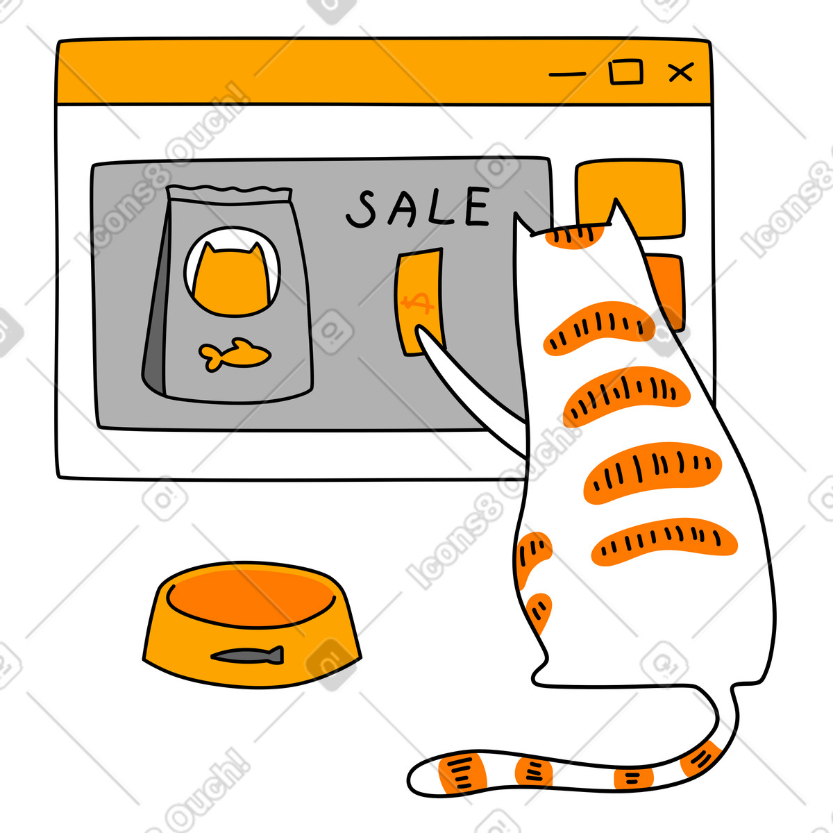 Purr スタイルの セール中のオンラインストアで食べ物を買う猫 のイラストをPNG、SVG形式でダウンロード