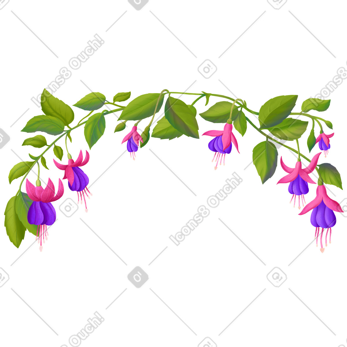 Fiori fucsia su un ramo disposto a semicerchio illustrazione in stile Floral scarica in PNG, SVG