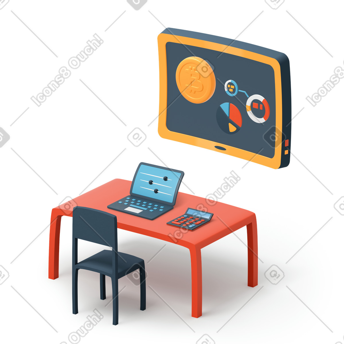Work place with laptop on the table and presentation board wall illustration in 3D Flame style download in PNG, SVG