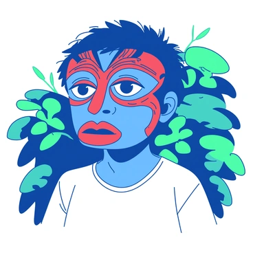 A blue boy is wearing a large hand-painted tribal mask that features intricate patterns in contrasting red colors. The mask covers his face, leaving only his eyes visible, which are wide with curiosity. He is standing in an outdoor setting, surrounded by lush green foliage that emphasizes the vibrant colors of the mask. The boy is wearing a simple white shirt, and his hair is tousled, blending harmoniously with the natural surroundings.