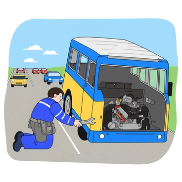 A mechanic with medium skin and short black hair is kneeling beside a large, colorful bus that is broken down on the side of a busy highway. The bus is painted in bright blue and yellow colors, with a few windows slightly open. The mechanic is wearing a blue jumpsuit with white stripes and has a gray toolbelt around his waist filled with various tools. He is holding a large wrench and inspecting the engine compartment, which is open and displaying various intricate mechanical parts. In the background, there is a clear blue sky with a few fluffy white clouds, and cars can be seen passing by on the highway, creating a sense of movement and activity.