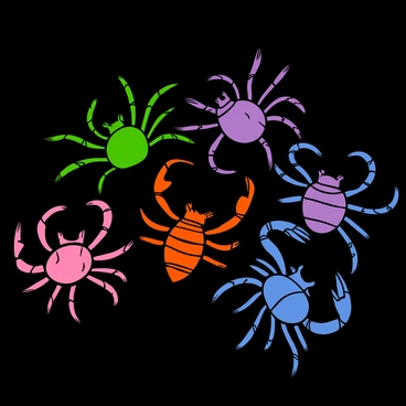 A collection of various creepy insects arranged artistically on a dark surface. There are several spiders with large, shiny bodies and long, spindly legs, each featuring vibrant colors like electric green and bright purple. The scorpions are displayed with their curved tails raised, showcasing their pinchers and segmented bodies in striking hues of neon orange and luminous blue. The background is dimly lit to enhance the toxic appearance of the colors, giving each insect an otherworldly glow. Each insect has intricate details like fine hairs on their legs and patterns on their shells, creating a visually captivating and unsettling display.