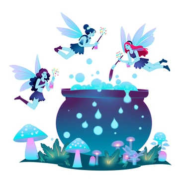 A group of tiny fairies with iridescent wings is flying around a large, bubbling cauldron. Each fairy has distinct features, such as bright hair colors and delicate dresses made of leaves and petals. Some of the fairies are holding small vials filled with colorful ingredients, while others are stirring the potion with tiny wands that emit sparkles. The cauldron is situated in a lush forest setting, surrounded by glowing mushrooms and twinkling lights that enhance the magical atmosphere.
