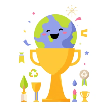 A cartoon-style illustration of a champion Earth standing proudly on a shiny gold trophy pedestal. The Earth is depicted with vibrant blue oceans and green continents, smiling brightly. Surrounding the pedestal are various small trophies symbolizing environmental achievements, such as a tree, a water droplet, and a recycling symbol. The background features colorful stars and ribbons, enhancing the celebratory atmosphere.