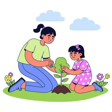 A mother and daughter are kneeling on the grass in a sunlit park, planting a small sapling. The mother is wearing a light green T-shirt and denim shorts, while the daughter is dressed in a pink dress with white polka dots. They are both smiling and focused on the task, using a small trowel to dig a hole for the tree. The scene is surrounded by lush green grass and a few colorful flowers blooming nearby. A clear blue sky with a few fluffy white clouds is visible above them.