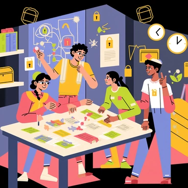 A group of four friends is gathered around a large wooden table in an escape room. They are intensely focused on a variety of colorful puzzles and clues scattered across the table. One friend, a young woman with glasses, is holding a magnifying glass, examining a clue closely. Another friend, a tall man with curly hair, is pointing at a wall adorned with mysterious symbols and locks. The third friend, a girl with a ponytail, is scribbling notes on a notepad, while the last friend, a young man wearing a beanie, is checking a ticking clock on the wall to keep track of their time. The room is dimly lit, filled with different props like old books, treasure chests, and maps, enhancing the atmosphere of adventure.