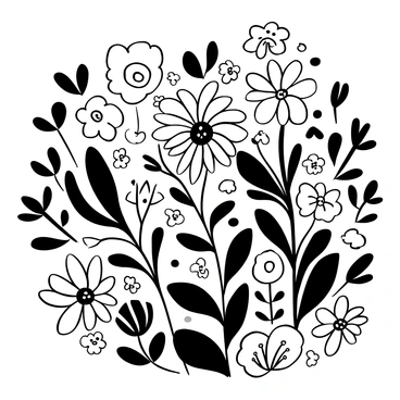 An illustration board filled with an arrangement of various blooming flowers, including roses, daisies, and lilies, each flower displaying intricate petal patterns. Leaves of different shapes and sizes are interspersed among the flowers, creating a balanced composition. Some flowers are fully opened, while others are in various stages of bloom. The entire design appears to flow and spread elegantly across the board, showcasing the natural beauty of the flora.