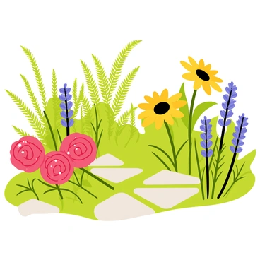 A lush botanical garden filled with a diverse array of vibrant flowers and plants. Bright red roses with dew on their petals are nestled next to cheerful yellow daisies. Tall sunflowers stand proudly, their large heads turned towards a soft light. Green ferns create a backdrop of rich greenery, while clusters of purple lavender sway gently in the breeze. A winding path made of stone meanders through the garden, inviting visitors to explore the beauty of nature.