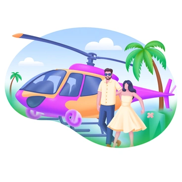 A couple standing together as they prepare to step into a sleek, modern helicopter. The man is dressed in a light-colored button-up shirt and sunglasses, while the woman is wearing a flowing sundress that dances in the breeze. In the background, there are lush green palm trees and vibrant tropical flowers that enhance the exotic atmosphere. The helicopter is painted in bright colors, reflecting the sun's rays. A clear blue sky stretches above, with a few fluffy clouds drifting by, completing the scene of their romantic getaway.
