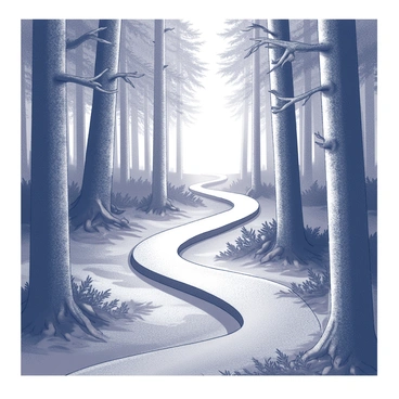 Two winding paths diverge in a dense forest. Each path is lined with tall trees, their trunks thick and textured, creating a natural frame for the scene. The ground is covered in a mix of leaves and soft earth, indicating the passage of time and footsteps. One path leads towards a bright area illuminated by sunlight filtering through the leaves, suggesting a sense of warmth and love. The other path veers into a shadowy area, characterized by darker, denser foliage, conveying a sense of separation and solitude. The overall composition captures the essence of choice, with each path beckoning in its unique way.