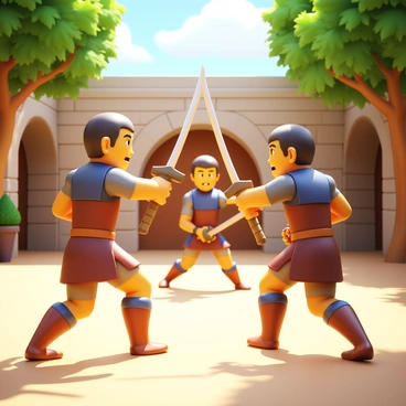 Three young warriors in traditional training attire are practicing sword fighting techniques in a sunny courtyard. The warriors are focused, each wielding a wooden sword in a dynamic pose. The courtyard has stone walls and a few trees casting dappled shadows. Sunlight illuminates the scene, highlighting the sweat on their brows as they engage in a friendly sparring match. "Focus on your footwork!" one warrior shouts while another prepares to strike.