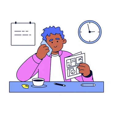 A puzzled customer is sitting at a table, holding a product manual in one hand and a smartphone to their ear with the other hand. The customer has a furrowed brow, indicating confusion. The product manual is open and displayed prominently with diagrams and text visible. There are a few scattered items on the table, such as a pen and a cup of coffee. The background features a simple wall with a clock showing a time that suggests it is mid-morning.
