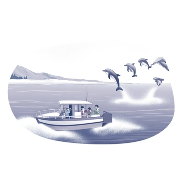 A boat is gliding over calm waters off the coast of Bournemouth. The vessel is populated with a small group of excited tourists, each wearing life jackets and looking over the sides. In the distance, several dolphins are breaking the surface of the water, leaping gracefully into the air. Their sleek bodies are captured mid-jump, creating splashes as they re-enter the water. The coastline is visible in the background, featuring sandy beaches and gentle waves lapping at the shore. The scene conveys a sense of adventure and connection with nature.