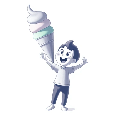 A cartoon character stands with a large, exaggerated ice cream cone held high above their head. The character has a joyful expression on their face, with wide eyes and a big smile. The ice cream cone features multiple colorful scoops stacked precariously, showcasing various shapes. The cone itself appears oversized compared to the character's body, emphasizing its large scale. The character's arms are outstretched, struggling to balance the weight of the cone, while their legs are slightly bent as if bracing against the weight. The background is minimal to keep focus on the character and the giant ice cream cone.