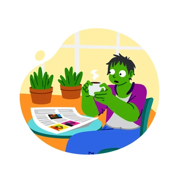 A green-skinned zombie with tattered clothes is sitting at a small round cafe table. The zombie is holding a steaming cup of coffee with both hands, bringing it close to its mouth. Its hair is messy, and it has a blank, surprised expression as it gazes at the newspaper spread open in front of it. The newspaper features colorful headlines and images. The cafe has a few potted plants in the background, and a bright, sunny atmosphere shines through the window beside the zombie.
