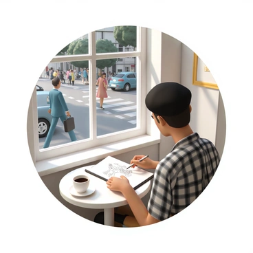 An artist, wearing a black beret and a plaid shirt, is seated at a small round table inside a cozy café. He is focused on sketching a busy street scene with a pencil. The café window behind him provides a view of a bustling street filled with people. Outside, a man in a blue suit is walking with a briefcase while a woman in a red dress is chatting with a friend. There are parked cars along the curb and trees lining the street. The sunlight filters through the window, casting soft shadows on the table, where a cup of coffee sits beside the artist’s sketchbook.