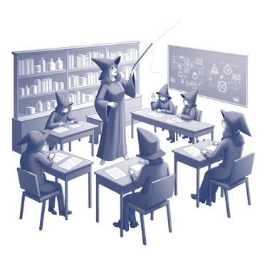A classroom filled with young witches engaged in practicing spells. The room is adorned with shelves lined with various magical books and potion bottles. Several desks are arranged in a circular formation where students sit, each focusing intently on their spell work. One witch with flowing robes and a pointed hat is standing at the front of the class, demonstrating a spell with a wand raised high. Another witch is seated at a desk, concentrated, as her wand emits a burst of sparks. The atmosphere is lively, with magical symbols and diagrams illustrated on the chalkboard behind the instructor.