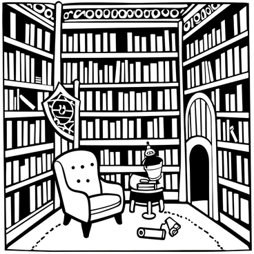 An ancient library filled with towering shelves of books and a cozy reading nook
