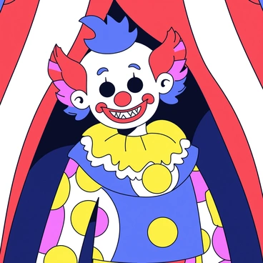 A sinister clown with a twisted smile is standing in the shadows of a carnival tent. The clown has brightly colored hair that is wild and frizzy, with patches of red, blue, and yellow. The face is painted white, with exaggerated features including dark, hollow eyes and a sharp, jagged grin painted in red. The clown's costume is a patchwork of vibrant colors, with oversized buttons and ruffles that give it an unsettling appearance. The tent is striped in red and white, with faint light peeking through the fabric, casting eerie shadows around the clown.