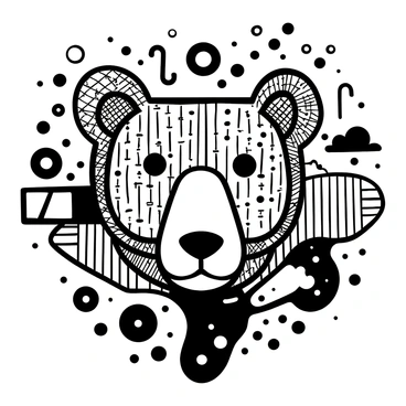 A bear's head prominently displayed in the center, featuring intricate geometric patterns and metallic textures. Surrounding the bear's head are various digital elements, resembling circuit patterns and holographic interfaces. The overall composition includes abstract shapes and lines that create a sense of depth and movement. The background is filled with undefined, intricate details to enhance the cyberpunk theme.