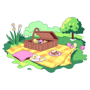 A yellow checkered blanket is spread out on a vibrant green meadow, with sunlight filtering through the leaves of nearby trees. On the blanket, there is a wicker picnic basket with an open lid, revealing an assortment of food items, including sandwiches, fruits, and a small bottle of refreshing lemonade. A couple of colorful plates and glasses are arranged neatly beside the basket. Scattered around the blanket are a few plush cushions, inviting for relaxation. In the background, wildflowers in various colors bloom, adding to the cheerful atmosphere of the scene.