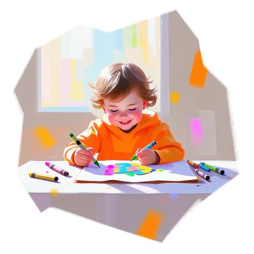 A young child with curly hair and bright clothes sits at a table, happily drawing on a large piece of white paper. The child is holding a green crayon and is focused on creating a colorful fish. The fish is depicted with vibrant colors, including shades of blue, orange, and yellow, adorned with intricate patterns. The table is scattered with various crayons in different colors, and there are some pencil shavings nearby. Sunlight streams in through a window, illuminating the scene and adding warmth to the atmosphere.