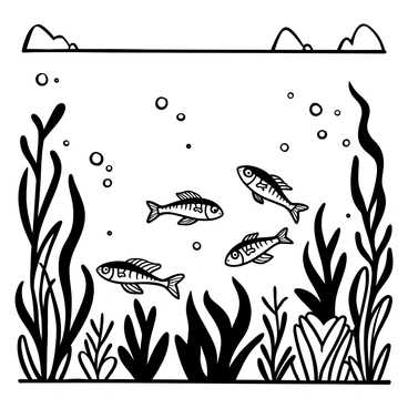 A group of tiny walleye fry swimming among dense aquatic vegetation, their slender bodies weaving through the leaves and stems. The water is filled with various forms of plants, creating a lush underwater environment. Sunlight filters through the surface, casting patterns on the plants and the fry as they navigate their way through. Bubbles rise around them, adding to the dynamic feel of their movement.