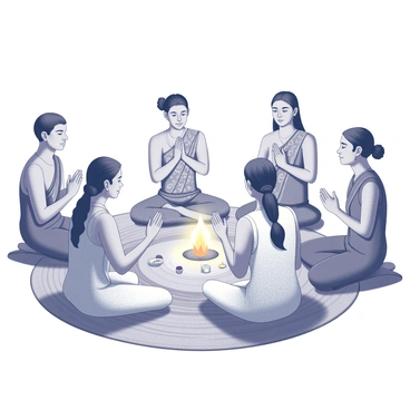 A group of individuals gathered in a serene setting, participating in the Upanayanam rituals. They are seated in a circle on a woven mat, with focused expressions as they chant sacred mantras aloud. Each person is adorned in traditional attire, showcasing intricate patterns and designs. The atmosphere is enriched by the presence of sacred items, such as a small fire in the center, with offerings placed around it. The individuals appear engaged in their chanting, hands raised in reverence, as they embody the spirit of the ceremony. The surrounding environment includes natural elements, enhancing the sacredness of the occasion.