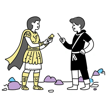 Two ancient warriors stand facing each other, both gripping "mystical cards" in their hands. One warrior is adorned in intricate bronze armor with detailed engravings, and has a long, flowing cape that billows slightly in an unseen wind. The second warrior wears a dark leather tunic with silver accents, showcasing a fierce expression. The setting features a rocky terrain, with shards of stone scattered around, and a twilight sky that casts a soft glow on the scene. Each warrior’s stance is firm and ready, emphasizing the intensity of the duel.