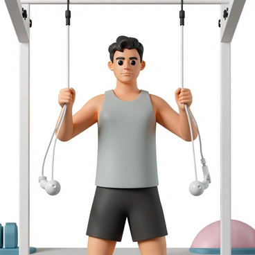 A person, wearing a gray tank top and black athletic shorts, is performing face pull exercises as part of their morning workout routine. They are standing in a well-lit gym with a cable machine in front of them. The individual has short black hair and is focused on their form, pulling the ropes towards their face with both hands. Their arms are at a 90-degree angle, and their expression shows determination. The background includes gym equipment such as dumbbells and a yoga mat on the floor.