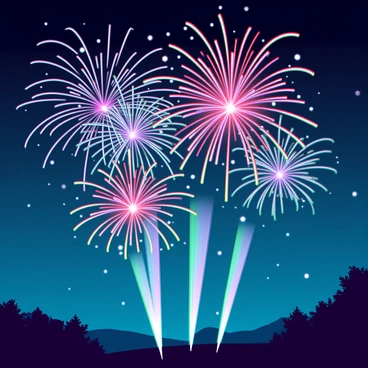 A dazzling display of colorful fireworks exploding in various shapes and patterns across the night sky. Each firework emits bright colors including red, blue, green, and gold, creating a vivid spectacle. The bursts of light illuminate the surrounding area, with sparks raining down like shimmering stars. The sky is a deep shade of navy, contrasting with the brilliance of the fireworks, and silhouettes of distant trees frame the scene below.