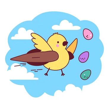 A yellow chick wearing a brown makeshift jetpack is soaring through a blue sky filled with fluffy white clouds. The chick has its wings spread wide open, and its small feet are dangling beneath it. Surrounding the chick are various colorful Easter eggs, painted in shades of pink, purple, and teal, floating gracefully in the air. The sunlight is shining brightly, casting playful shadows on the eggs as they drift alongside the adventurous chick.