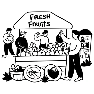 A vendor at an outdoor market stands behind a wooden cart filled with a variety of fresh fruits, such as apples, bananas, and berries, all carefully arranged. A patron, wearing a hat, reaches out to select a ripe apple from the cart. Shoppers are visible in the background, browsing through other stalls featuring vegetables and handmade goods. A sign hangs above the vendor’s cart displaying "Fresh Fruits" in bold letters. Baskets of fruits are stacked on the ground beside the cart, and there are leafy greens scattered around the area.