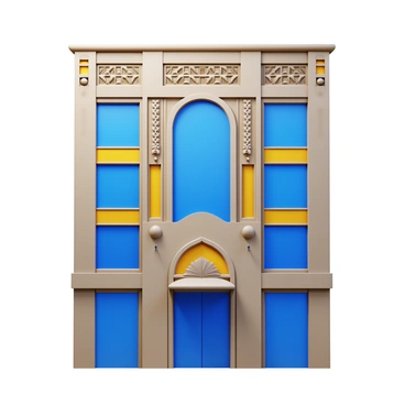 A building facade featuring prominent Art Deco motifs. The facade showcases geometric patterns and stylized floral designs created in relief. The color scheme includes shades of gold and deep blue, enhancing the elegance of the motifs. Large, symmetrical windows are positioned at regular intervals, reflecting the architectural style. The entrance is framed with ornate detailing, inviting viewers to appreciate the craftsmanship. The overall structure stands tall, with a smooth stone finish highlighting the intricate designs.